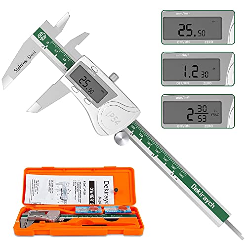 Dekiraych Caliper Digital Type, Inch,Metric,Fractional Caliper Tool, Stainless Steel Electronic 6 inch Digital Caliper Measuring Tool, IP54 Waterproof Vernier Caliper Set,Large LCD Display (150mm)