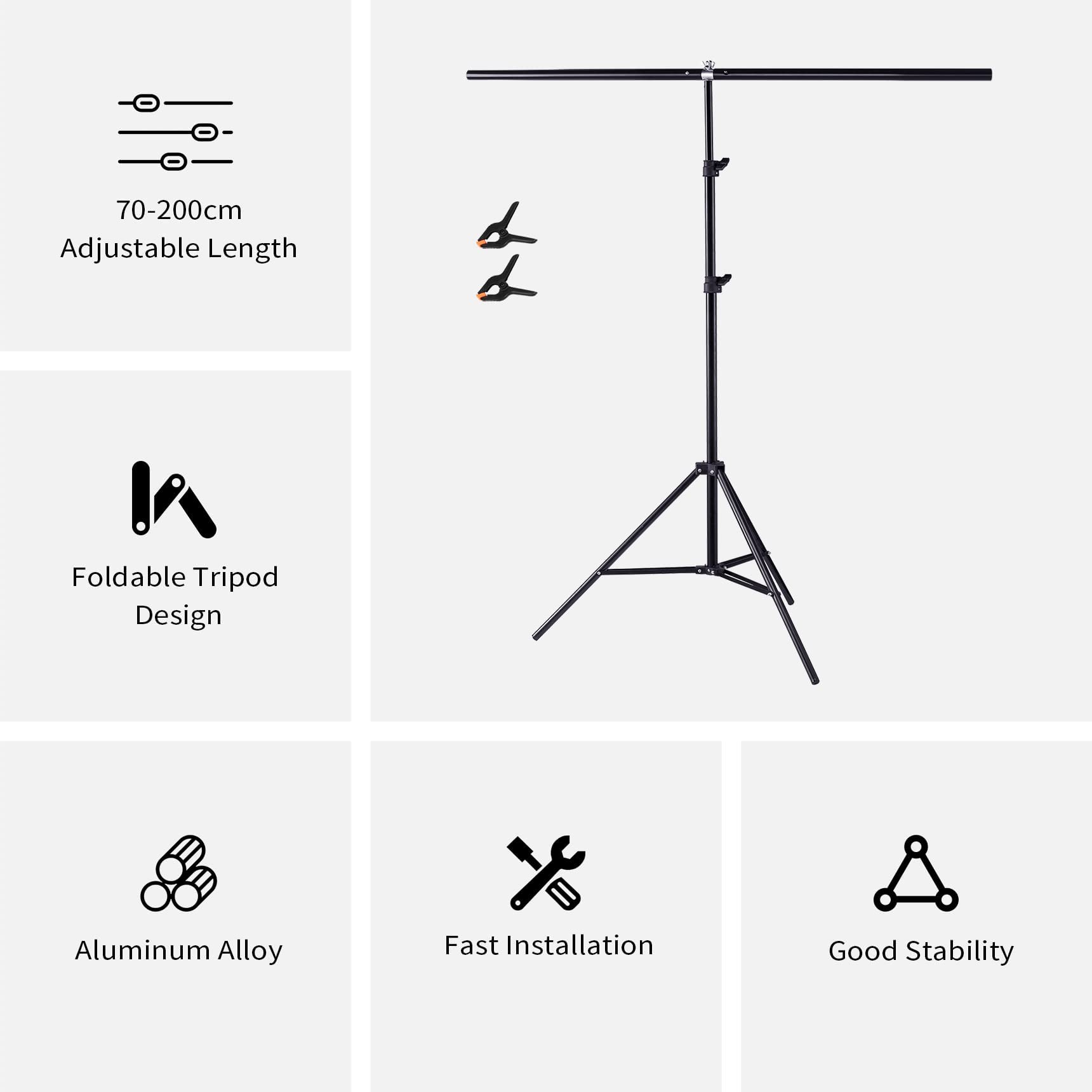 Selens Supporto per sfondo a T, 80 x 200 cm, per fotografia, mussola, in vinile, per studio fotografico, a T, supporto portatile, con traversa e 2 morsetti stretti