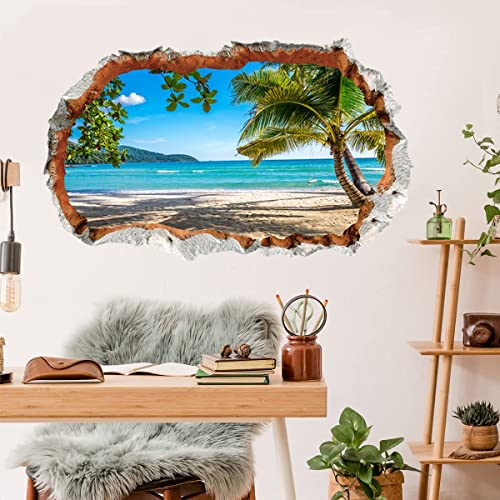 WandSticker4U®- 3D Wandtattoo BLICK AUFS MEER I Wandbild: 90x60 cm I Wandsticker Strand Palme Insel Poster I Wand Durchbruch Deko für Wohnzimmer Schlafzimmer Küche Flur Bad Aufkleber