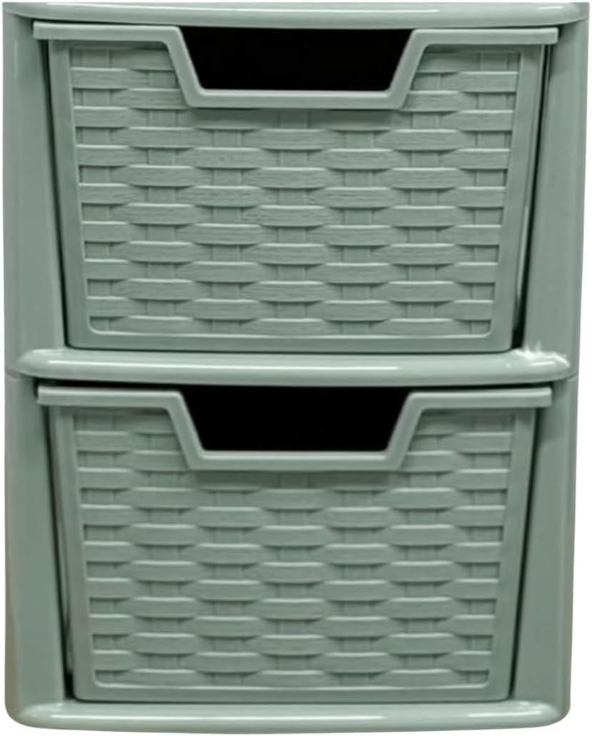 ALEEZ - Large Plastic Drawer Storage Unit - Rattan Effect 2 Drawer Cabinet - Multipurpose Storage Organiser - Office, Tabletop Desktop Drawer - Bedroom Chest Drawer Unit - (Sage Green, 2 Drawer)