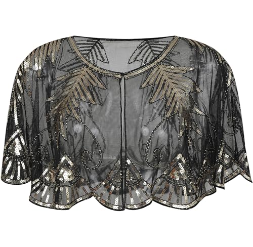 1920s Shawl Sequin Lace Evening Cape Flapper Cover Up Bridal Shawl for Dress Party Wedding Halloween Harlem night