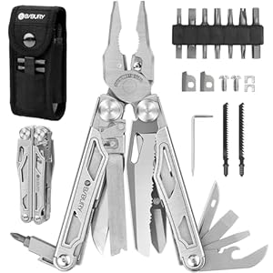BIBURY Multitool Pliers Pro with Replaceable Wire Cutters and Saw, Stainless Steel Multi Tool w/Upgraded Scissors and Screwdriver Set, Multitools for Camping, Fishing, Survival, Gifts for Men – Silver