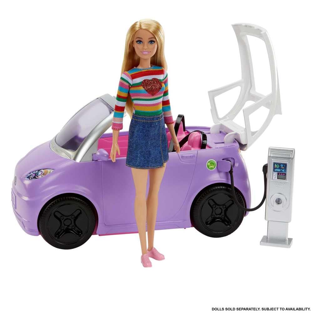 Barbie Voiture Violette Convertible avec Toit ouvrant, Véhicule électrique avec Station de Charge et Prise, Jouet Enfant, Dès 3 Ans, HJV36