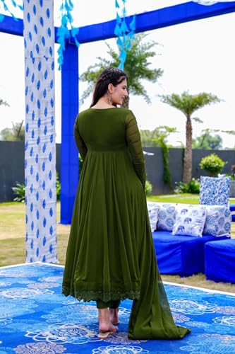 Image of ESTELA Women's Solid Pattern Faux Georgette Anarkali Kurta Pant Dupatta Set with Long Sleeve V-Neck Calf Length Gaipure Lace Border and Pull On Closure Type | Flair Suit For Womens