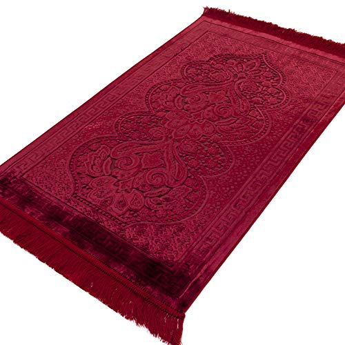 Modefa-Luxury-Velvet-Prayer-Rug-with-Prayer-Beads-Soft-Elegant-Muslim-Turkish-Janamaz-Sajada-Carpet-for-Men-and-Women-Plain-Solid-Prayer-Mat-Ramadan-Eid-Gift-Paisley-Red
