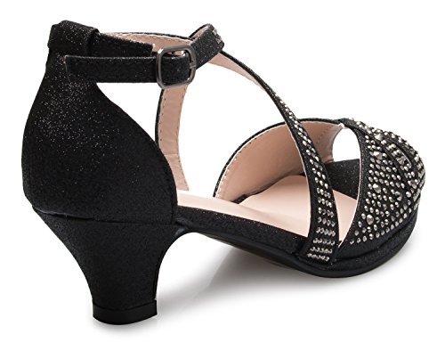 Olivia K Girl's Cute Adorable Strappy Glitter Open Toe Heel Sandals - Adjustable Buckle, BLACK 93