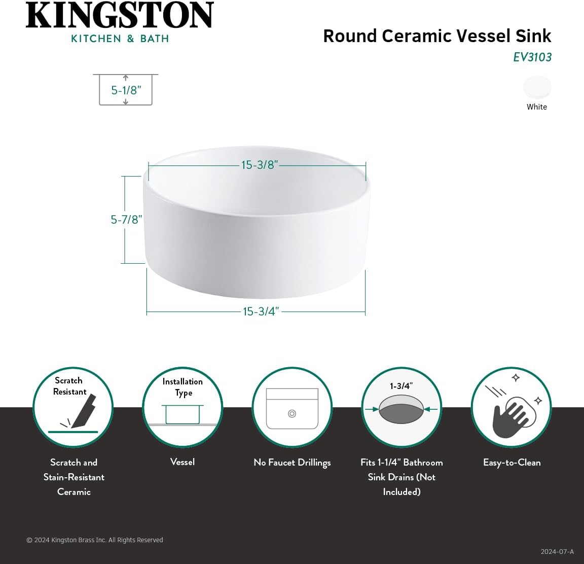 Kingston Brass EV3103 Fauceture Park Vitreous China Bathroom Vessel, White