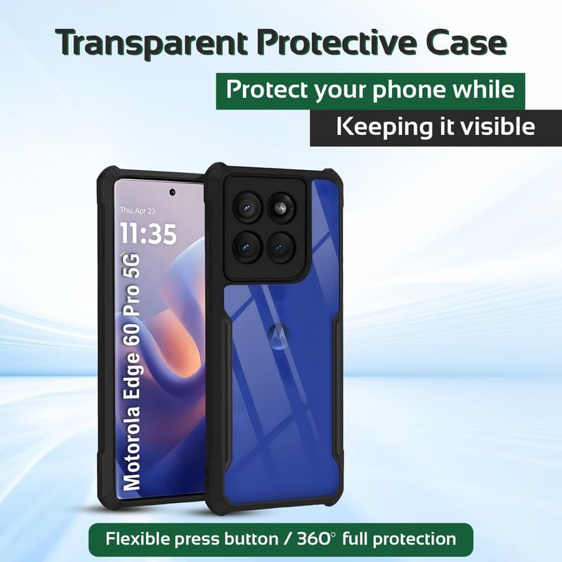 Image of AIBEX Compatible for Motorola Edge 60 Pro 5G Mobile Back Case Cover, Crystal-Clear Shockproof Bumper with Camera Guard | 360 Hybrid Protection (TPU+PC) | Anti-Yellow, Slim Transparent - Black
