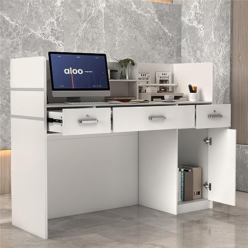 PREMTURE Mueble recepción, mostrador de recepción, Mesa de recepción de mostrador de Oficina con 3 cajones recepciones de Hotel, Tiendas de Ropa, Blanco 120cm Ancho x 48cm Fondo x 110cm Alto