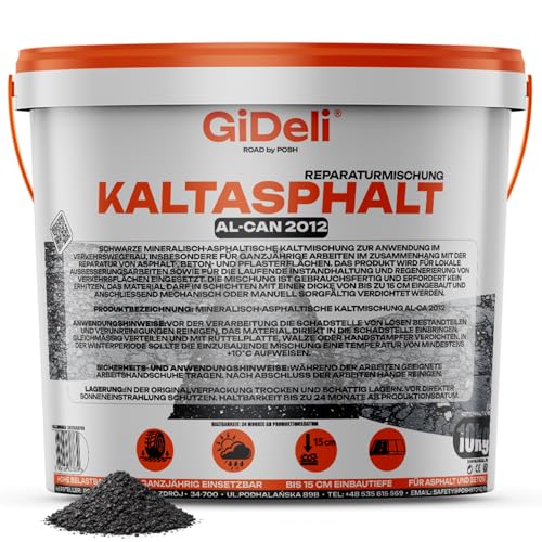 GiDeli Asfalto frío 10 kg en cubo, listo para usar, reparación de asfalto, relleno de grietas, con un grano de 0 – 8 mm – pintura bituminosa – Uso universal