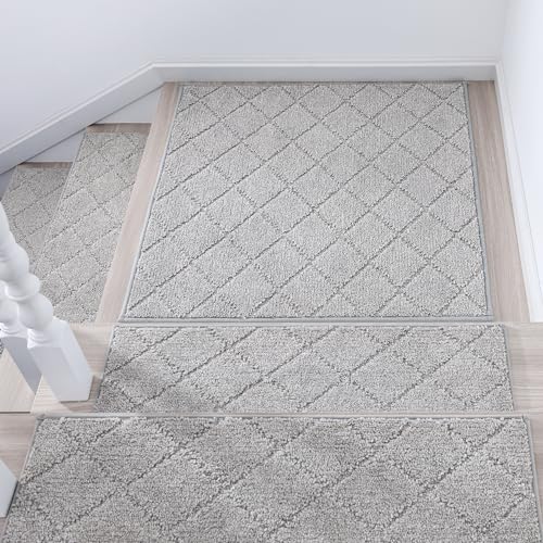 Image of COSY HOMEER Edging Stair Treads Non-Slip Corner Indoor Stair Runners for Wooden Steps,Landing Slip Resistant Stair Rugs Mat for Kids and Dogs,100% Polyester TPE Backing,Grey,30x30 inch