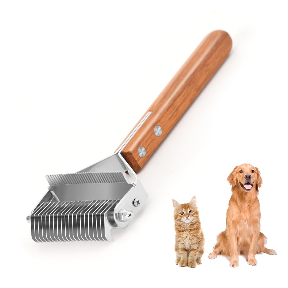 WePet 2-in-1 Dematting Comb & Shedding Brush, Undercoat Rake Grooming Tool with Wooden Handle for Dogs & Cats - Easily Removes Mats, Tangles, and