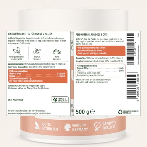 AniForte Hagebuttenpulver für Hunde & Katzen 500g – 100% Hagebutten, reich an Vitamin C, zur Unterstützung des Immunsystems