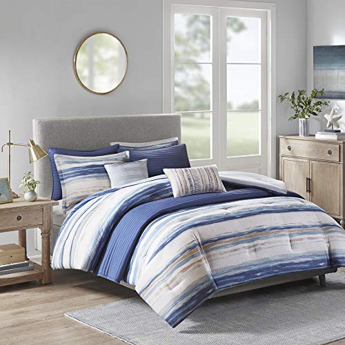 Madison Park Marina Comforter Quilt Combo Set - Modern Luxury Design, All Season Down Alternative Bedding, Matching Shams, Decorative Pillows, King/Cal King(104"x92") Seersucker Blue 8 Piece - Image 4