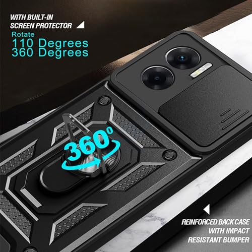 Image of SPAZY CASE Poco X7 Pro 5G Back Case | Heavy Duty Hybrid Case with 360 Degree Rotating Finger Ring Holder + Slider Shutter Camera Protection Cover for Poco X7 Pro 5G 5G - Black