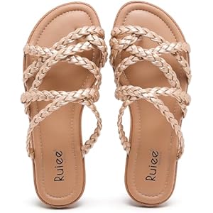 Ruiee Wide Width Sandals for Women, Summer Wide Feet Flip Flops Flat Slide Sandals Casual Braided Slides Comfort Slip on Thong Womens Beach Sandal. 10 X-Wide Gold Pu 780