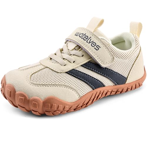 WateLves Kinder Barfußschuhe Jungen Barfussschuhe Sneaker mit Klettverschluss Weich Atmungsaktiv(Beige30EU)