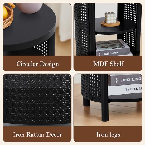 Image of 3 Tire Small Round Side Table with Iron Rattan, 17 inch Farmhouse Bohemian End Table with Storage Shelf, Wood Nightstand for Living Romm Sofa Couch, Bedroom (Black)