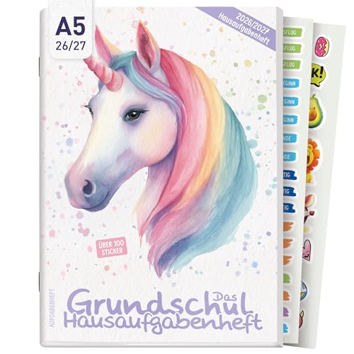 Häfft Hausaufgabenheft Grundschule 2026 2027 A5 mit Datum Einhorn Das Grundschul-Hausaufgabenheft inkl. Lerntipps Sticker Mitteilungsfelder & mehr