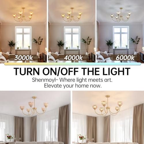 Image of Shenmoyl 30.31 inch Brass Gold 5-Light Chandelier, 5-Arm Amber Tulip Glass Pendant Light Fixture, Height Adjustable Vintage Branch Chandelier for Dining Room Living Room Kitchen Island Farmhouse