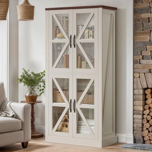 DWVO 66" Storage Cabinet, Tall Bookshelf Display Cabinet, 4 Shelves Curio Cabinet with Tempered Glass Doors, Trophy Display Case for Living Room and Dinning Room, White