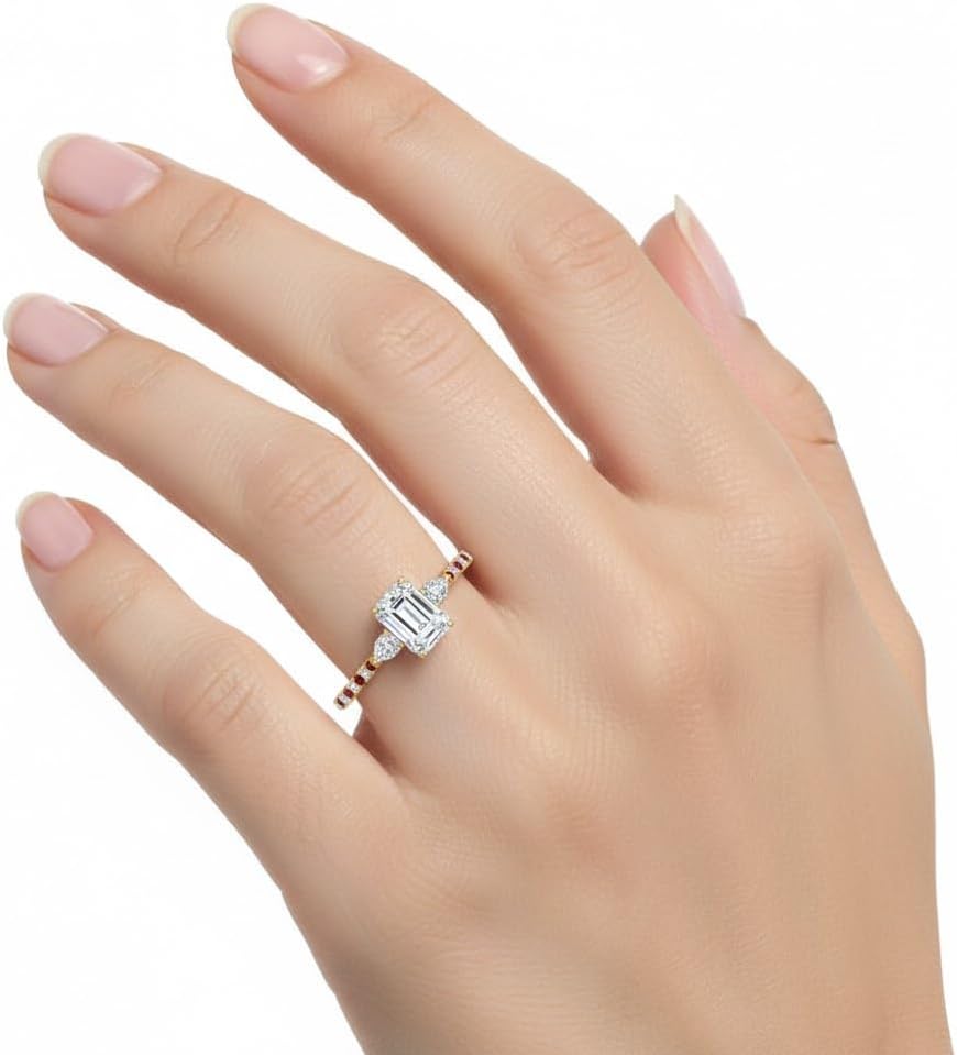 Choose Your Gemstone Pear 3 Stone Cathedral Diamond CZ Ring Yellow Gold Plated Emerald Shape Petite Engagement Rings Minimal Modern Design Birthday Gift Wedding Gift US Size 4 to 12