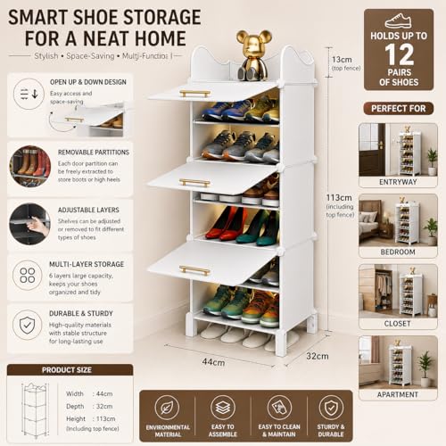 Image of Mevigo 6-Tier Shoe Rack with 3 Doors| Holds 12 Pairs |Waterproof & Dustproof Modular Plastic Shoe Cabinet| Foldable Stackable Shoe Organizer with Metal Frame |Space Saving Storage for Home,Entry Way