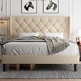 iPormis Queen Size Upholstered Platform Bed Frame, Wingback Bed Frame with Diamond Button Tufted Headboard, 8' Under-Bed Space, Sturdy Wooden Slats, Noise-Free, No Box Spring Needed, Beige