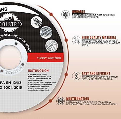 TOOLSTREX Angle Grinder Discs 20-Piece, Strong and Durable, Ultra -Thin Metal Cutting Discs for Fast & Precise Cutting of Steel, Iron, Aluminum, & Ferrous Metals - 115mm x 1.2mm