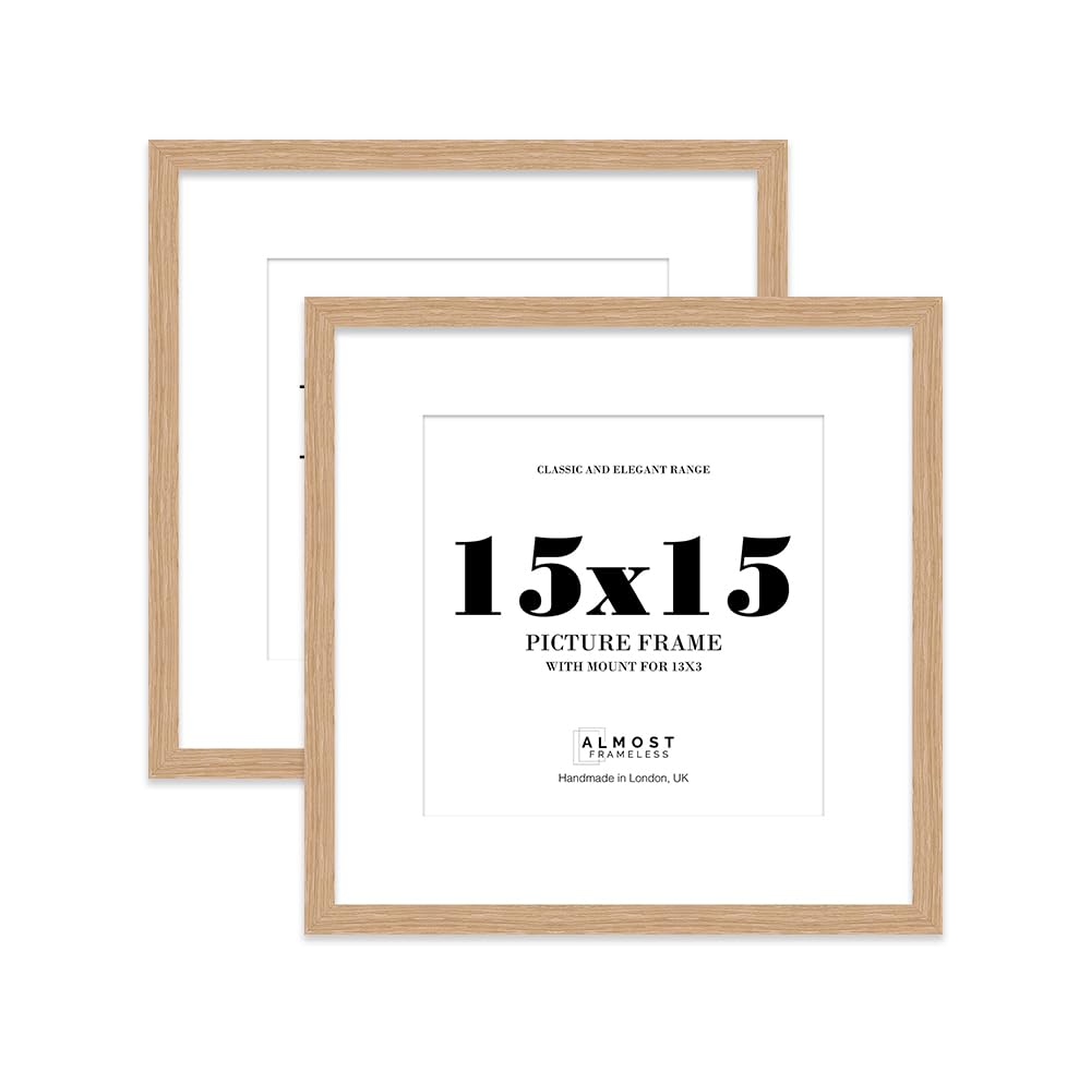 15x15 Oak Picture Frame with Mount for 13x13 Photos, Prints - Modern Square Wall Frame, Set of 2