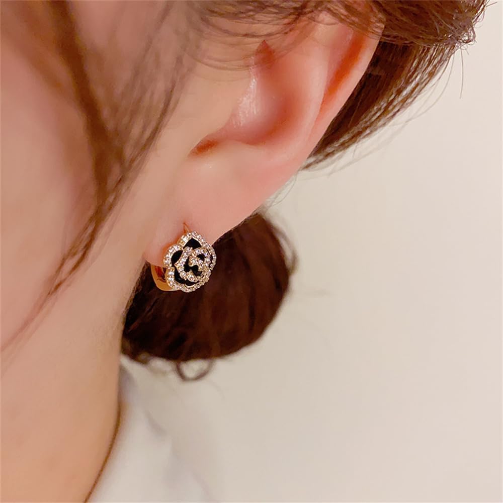 Black Rose Hoop Earrings Huggie for Women Flower Hoop Earrings Cartilage Helix Cubic Zirconia Tiny Small Round Hooped 14k Gold-Tone Plated Wedding Statement Trendy Floral Earring Xmas Jewelry Gifts - Image 3