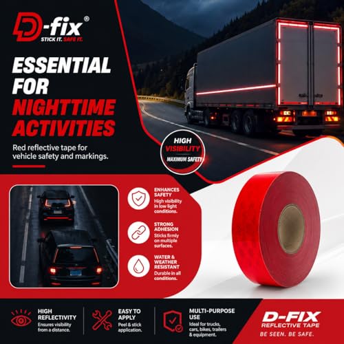 Image of D-fix High Intensity Radium Reflective Tape - 5 Meters in Length - 48mm / 2 inch Width - 1 Roll Per Pack - Car Bike and commercial vehicles Conspicuity reflective warning Tape Reflective tape-Red