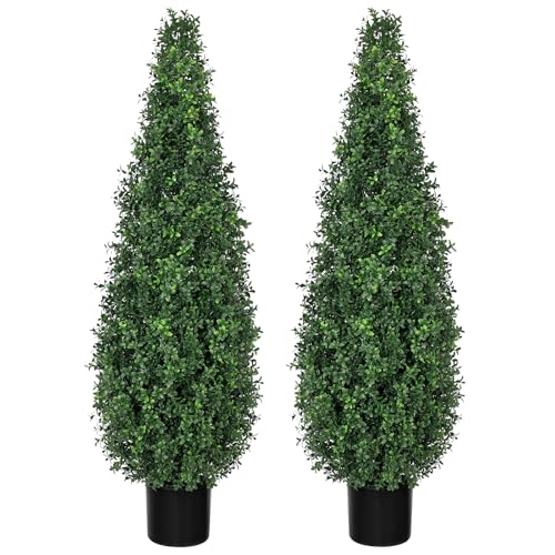 Artificial Boxwood Topiary Ball Trees in Black Pots, 48' UV Resistant Faux Greenery Shrubs for...