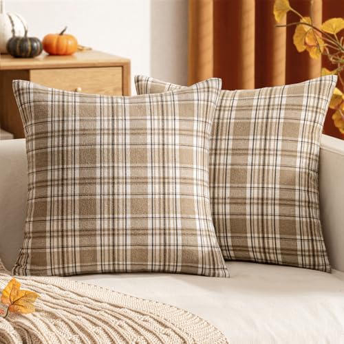 Woaboy Fall Scottish Plaid Throw Pillow Covers 18x18 Camel White Set of 2