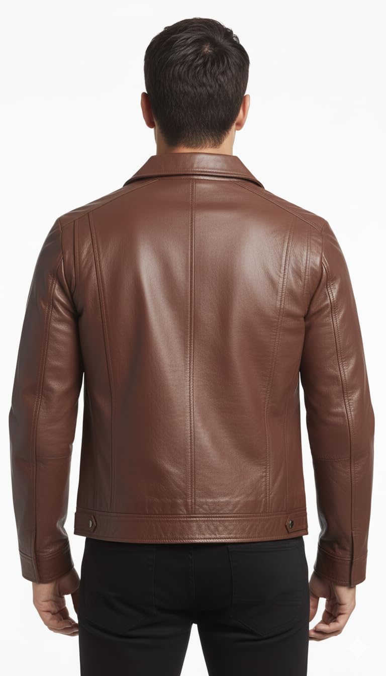 Men’s Genuine Brown Leather Jacket – Zip Front Stand Collar Classic Casual Motorcycle Biker Coat with Pockets - Image 4