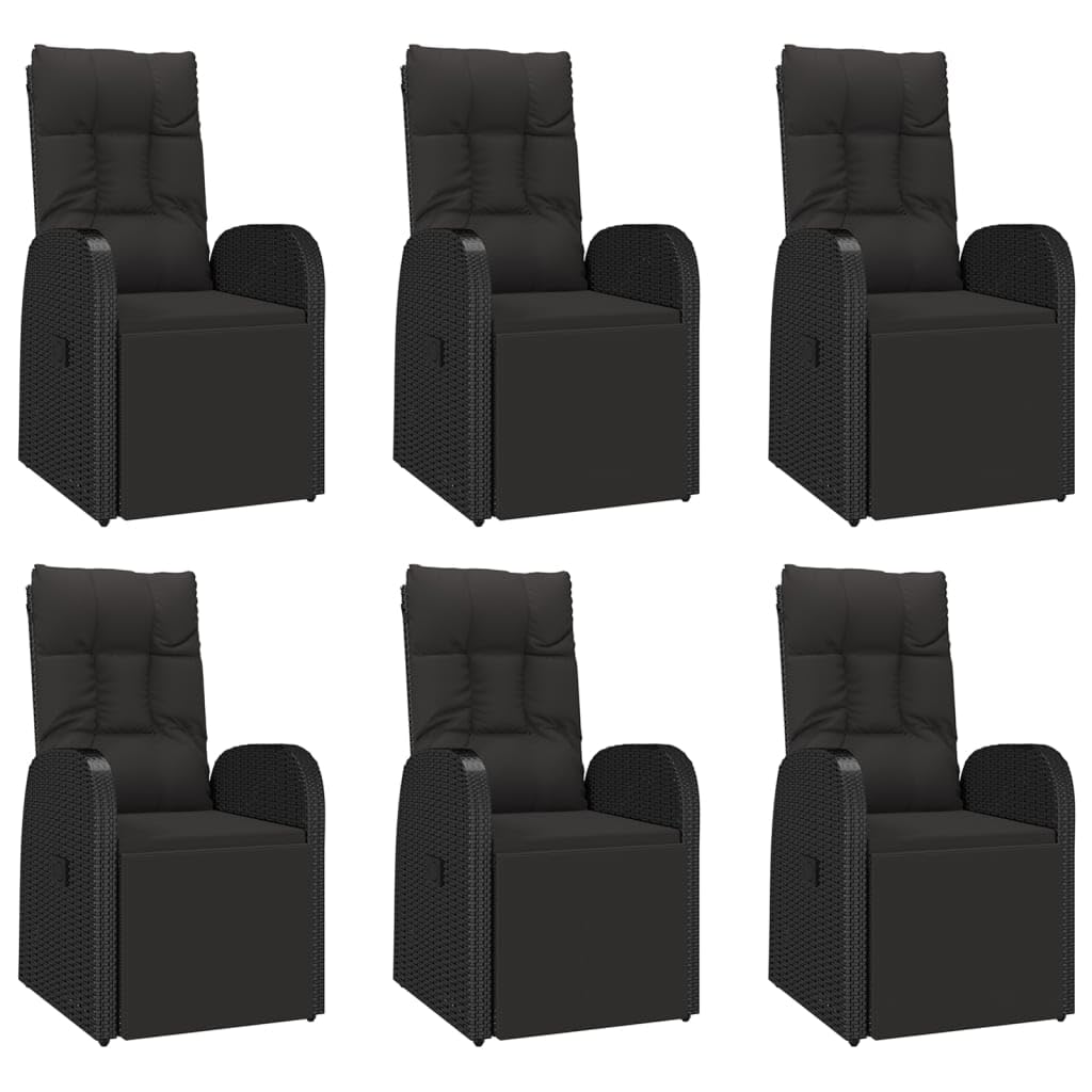 Muebles de jardín para exteriores, mesa y sillas de balcón de 7 piezas, juego de comedor de jardín de poliratán negro y madera maciza de acacia
