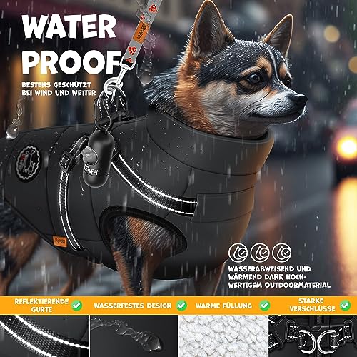 LOVPET® Hundejacke Hundemantel mit Geschirr, inkl. 45 Stück Kotbeutel + Spender, Hunde Winterweste gefüttert wasserdicht, Gepolsterte Weste Mit Brustgurt, Reflektoren, D-Ring L, Schwarz