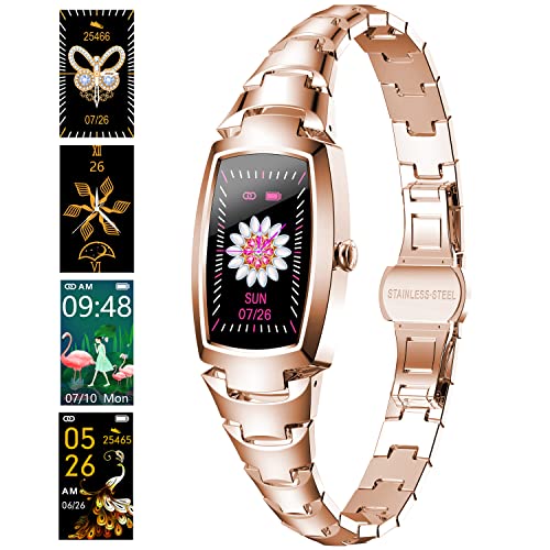 GMYOOD Smart Watch for Women, 2022 Smart Watch for Android Phones & iPhone Compatible, IP67 Waterproof Stainless Steel Activity Tracker with Blood Pressure Heart Rate SpO2 Sleep Tracker (Gold)
