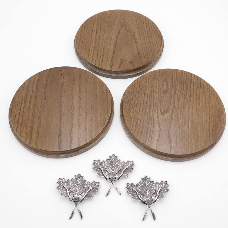 Generisch 3 placas de cuña redondas marrón AF 17 cm, tabla de cuña, tabla de especias, placa para trofeos con 3 hojas de roble, portada pequeña 4 hojas con 2 bellotas plateadas.