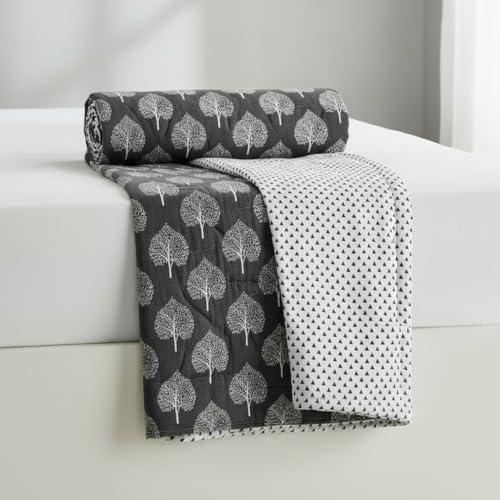 Image of HOMEMONDE 100% Cotton Reversible Dohar Double Bed Size | 300 TC AC Blanket Comforter | Soft Lightweight Bed Blanket Quilt | Premium Gift Box Included (84 x 94 Inch, Dark Grey & White, Pack of 1)