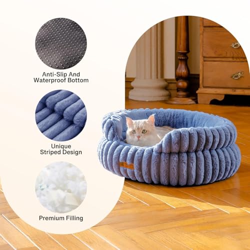 MEWOOFUN Stilvolle Katzenbetten für Katzen, weiches rundes Hundebett für kleine und mittelgroße Hunde, waschbares, beruhigendes Haustierbett (Blau, L)