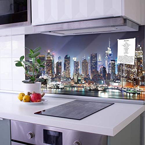 banjado Küchenrückwand Glas ohne Bohren 120x60cm – Glasrückwand Küche mit Motiv New York/Spritzschutz Küchenrückwand Glas/selbstklebende Küchenrückwand Platte - magnetisch & beschreibbar