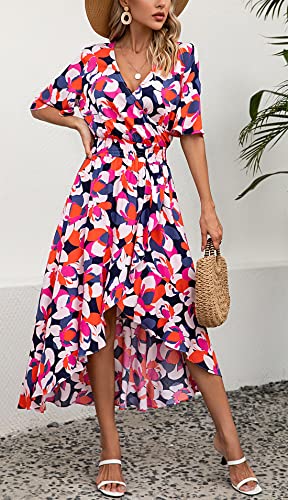 Image of Kormei Women Short Sleeve V Neck Floral High Low Flowy Summer Party Long Maxi Dress