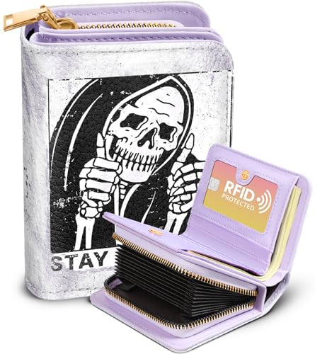 Image of Bistup Leather 12 Slot Accordion Card Holder Wallet, Skeleton Hand | Accordion Storage, Zipper Around Closure, Compact Patterned Wallet for IDs, Cards, Cash, Daily Carry and Gifts