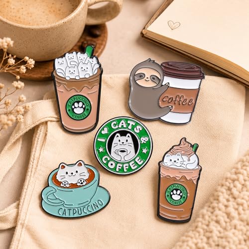 Image of 5Pcs Cute Coffee Cat Sloth Enamel Pin Set Cartoon Animal Coffee Cup Brooch Badges, Funny Lapel Pins for Backpacks, Jackets, Bags, Coffee Lover Gift