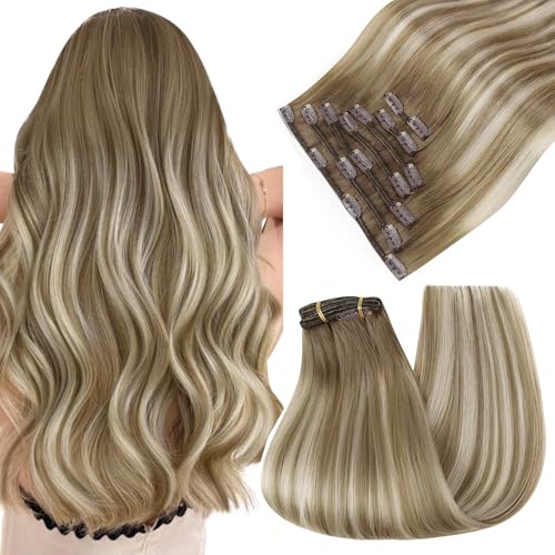 Image of Easyouth Balayage Clip in Hair Extensions, Clip in Extensions Real Human Hair, Medium Brown Ombre Platinum Blonde with Brown, 12 Inch 7pcs 85g, Remy Hair Extensions Clip ins, for Beginners