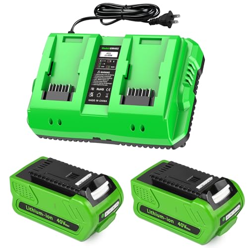 Amityke 2-Pack 40V 4.0Ah Lithium Battery Replacement for Greenworks 40V Battery and Charger Kit (Dual-Port Charger with USB Port)，Compatible with Greenworks 40 Volt G-MAX Cordless Power Tools