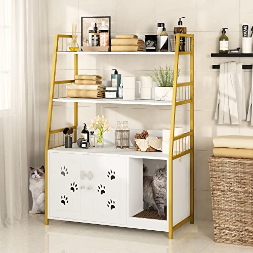 Recaceik Large Cat Litter Box Enclosure With Shelf Storage, Hidden Cat Washroom Furniture, Wooden Cat House With Scratch Pad, Sturdy Indoor Cat Cabinet With 2 Doors, Gold White #TOP7