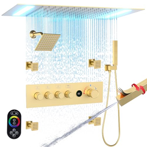 Enga Juego de grifos de ducha de oro cepillado, sistema de ducha con visualización de temperatura, cabezal de ducha LED de lluvia de 20 x 14 pulgadas con cabezales de ducha de 6 pulgadas, chorros de