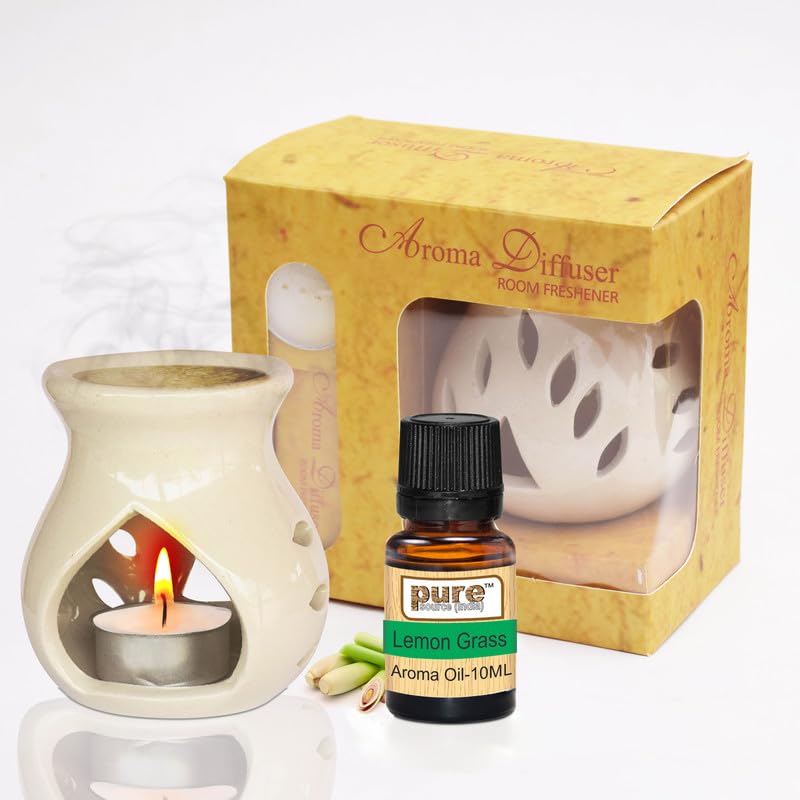 Image of Pure Source India Ceramic Aroma Burner 10 ML Lemon Grass Aroma Essential Oil with 4 Tea Light Candles, Gift This Diwali
